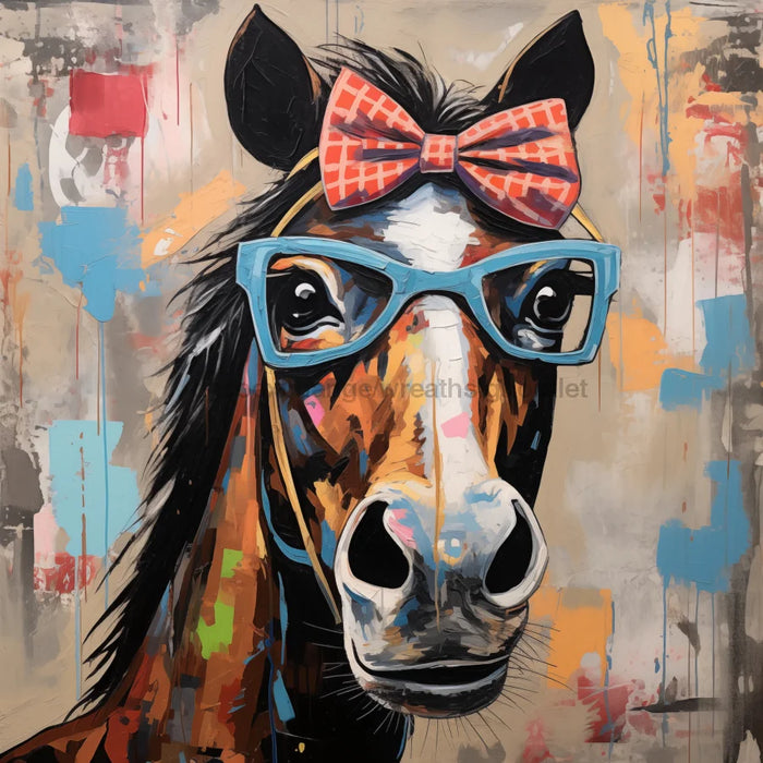 Horse With Glasses Sign Funny Animal Wall Art Dco-01167 For Wreath 10X10 Metal